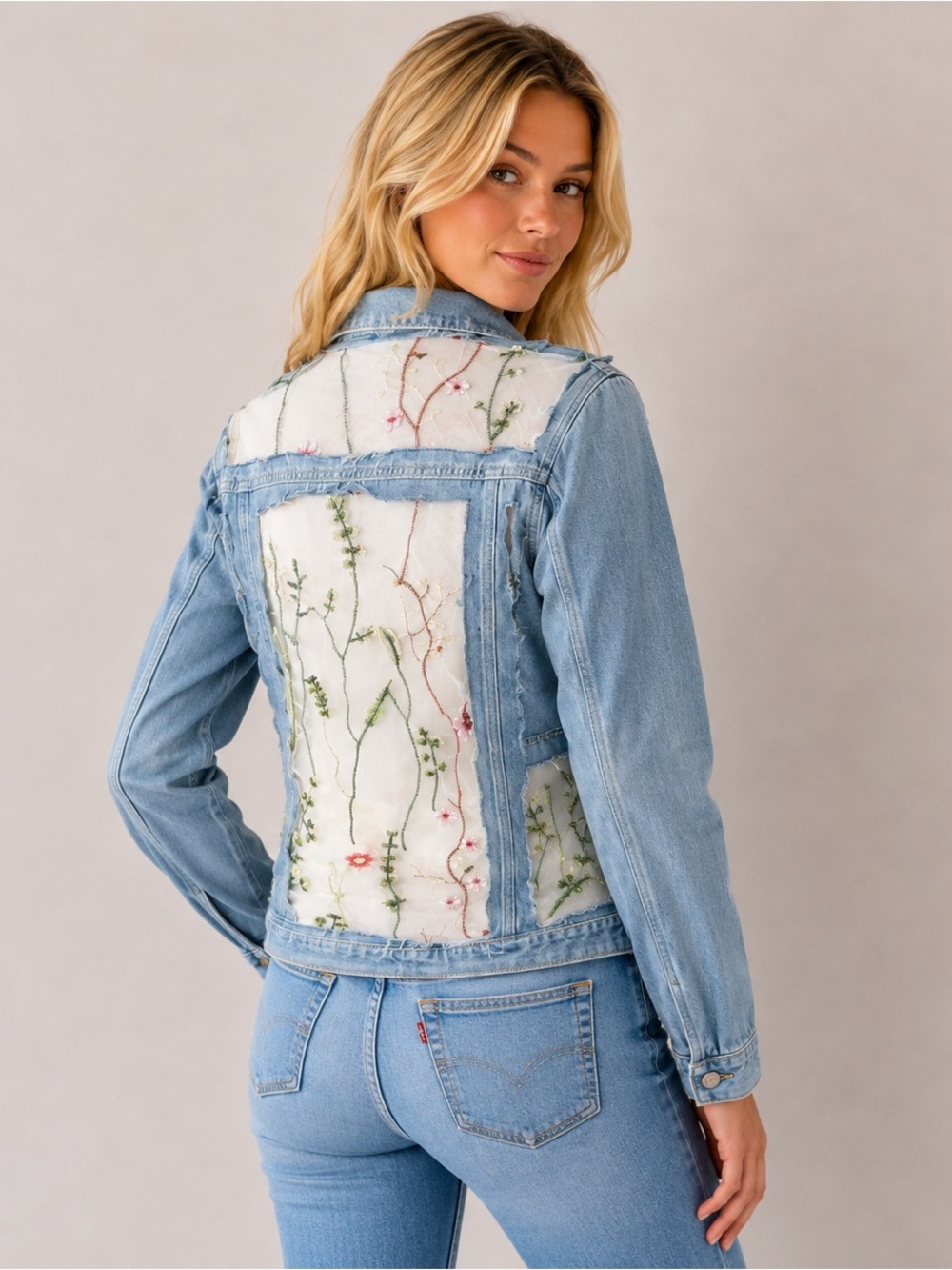 Davi & Dani Embroidery Mesh Jean Jacket Floral Light Wash Boho Womens Size S